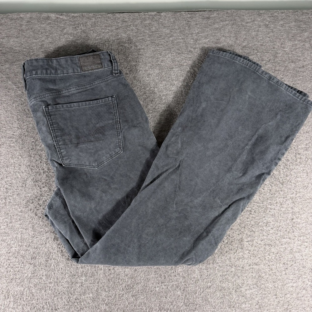American Eagle Super Hi-Rise Flare Corduroy Pants Grey Button Fly SZ 12 Stretch